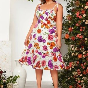 Belle Plus Knot Shoulder Frill Trim Ruffle Hem Floral Print Bridesmaid Dress